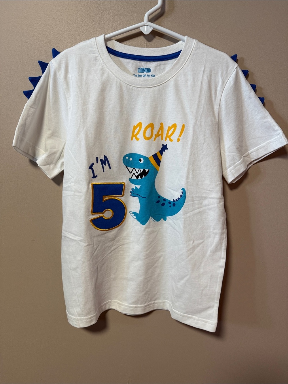 White Kids Dino 'I'm 5' Short-Sleeve Tee with Blue Dino Graphic